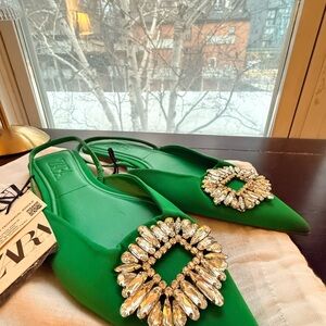 Zara Emerald Green Flats with Sparkling Embellishments